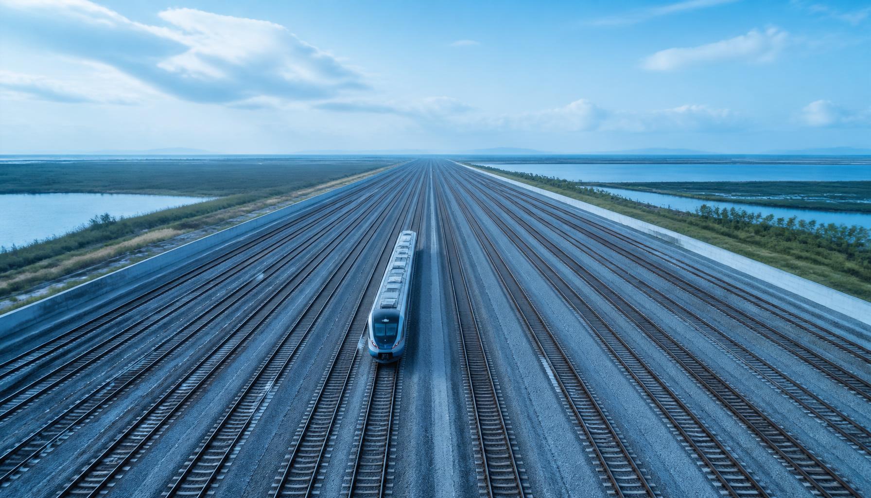 Bird's-eye view of parallel railway tracks with a small train car